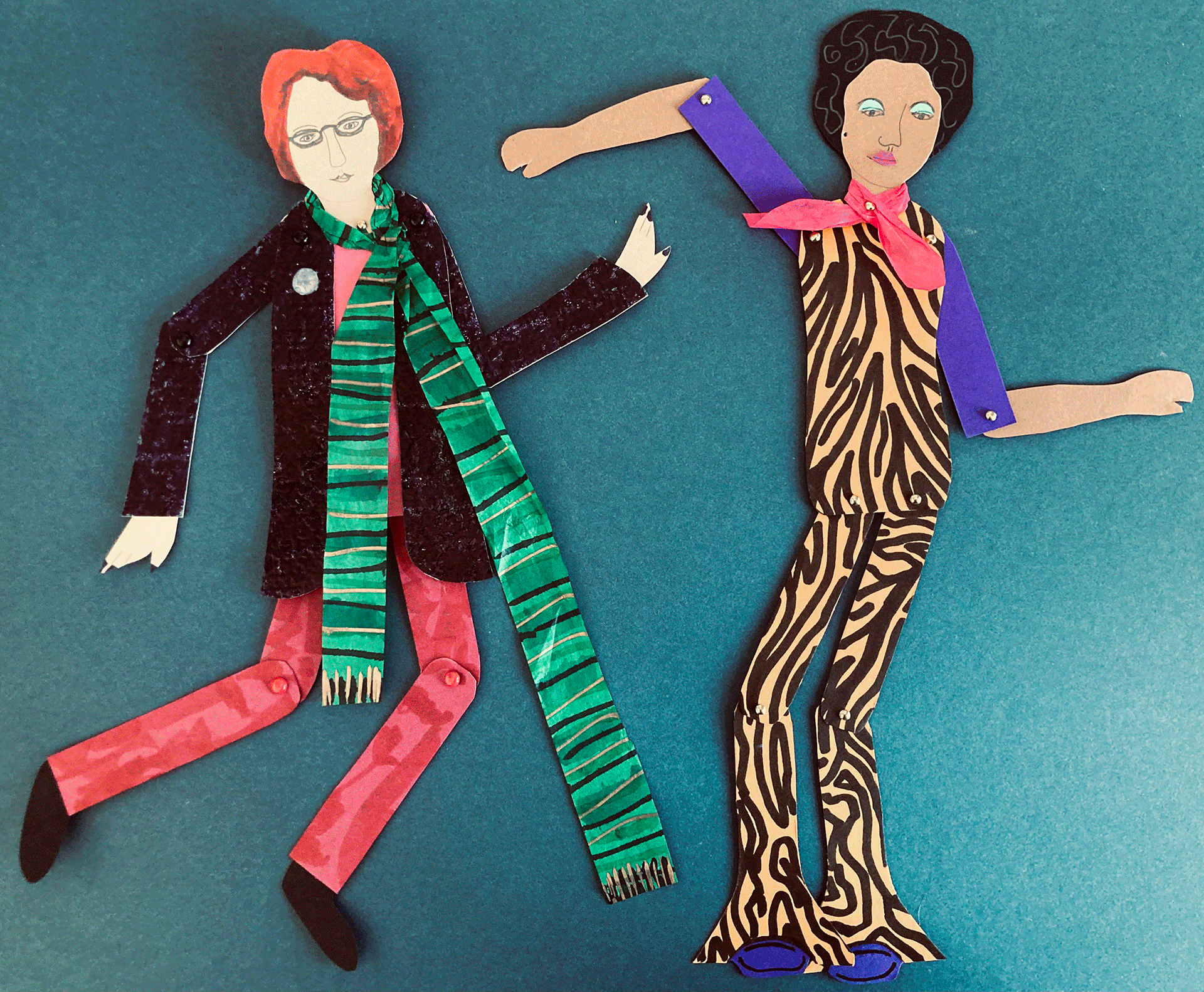 An animation that flicks between two paper figures that look like they are dancing with arms and legs bent into a wiggle, and two paper policemen with very straight arms and legs in front of a police car.