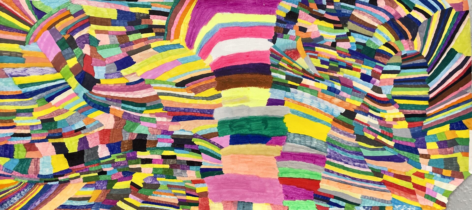 A rainbow, maze-like pattern of irregular, slopping rectangles that looks like a textured vortex or dream, coloured in yellows, pinks, greens, blues, purples, greys, whites and more.