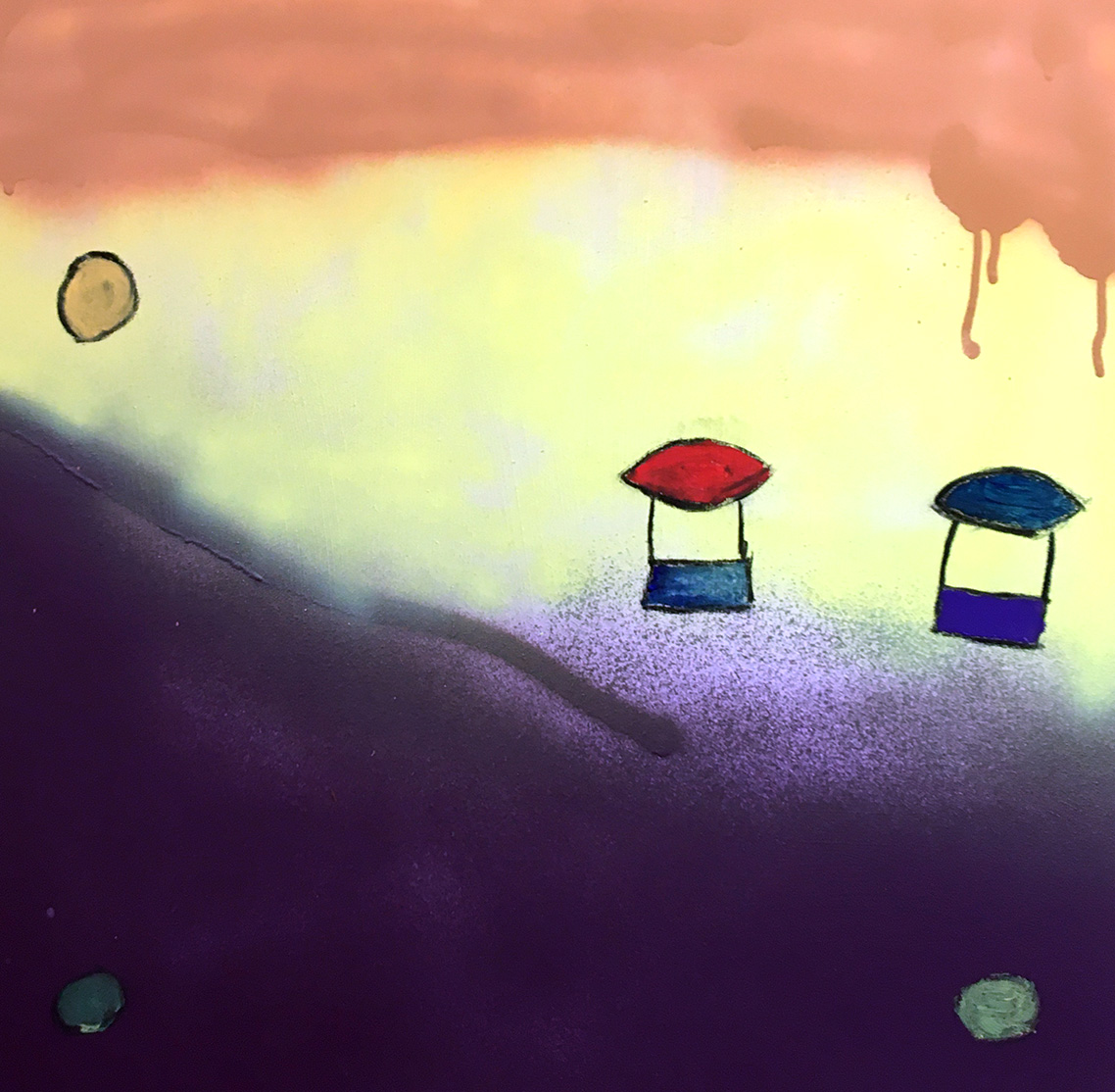 Textured abstract painting of two small shapes that look like bags, lanterns or hot air balloons in red and blue. They are surrounded by dark purple, pale yellow, and dusty pink sections.