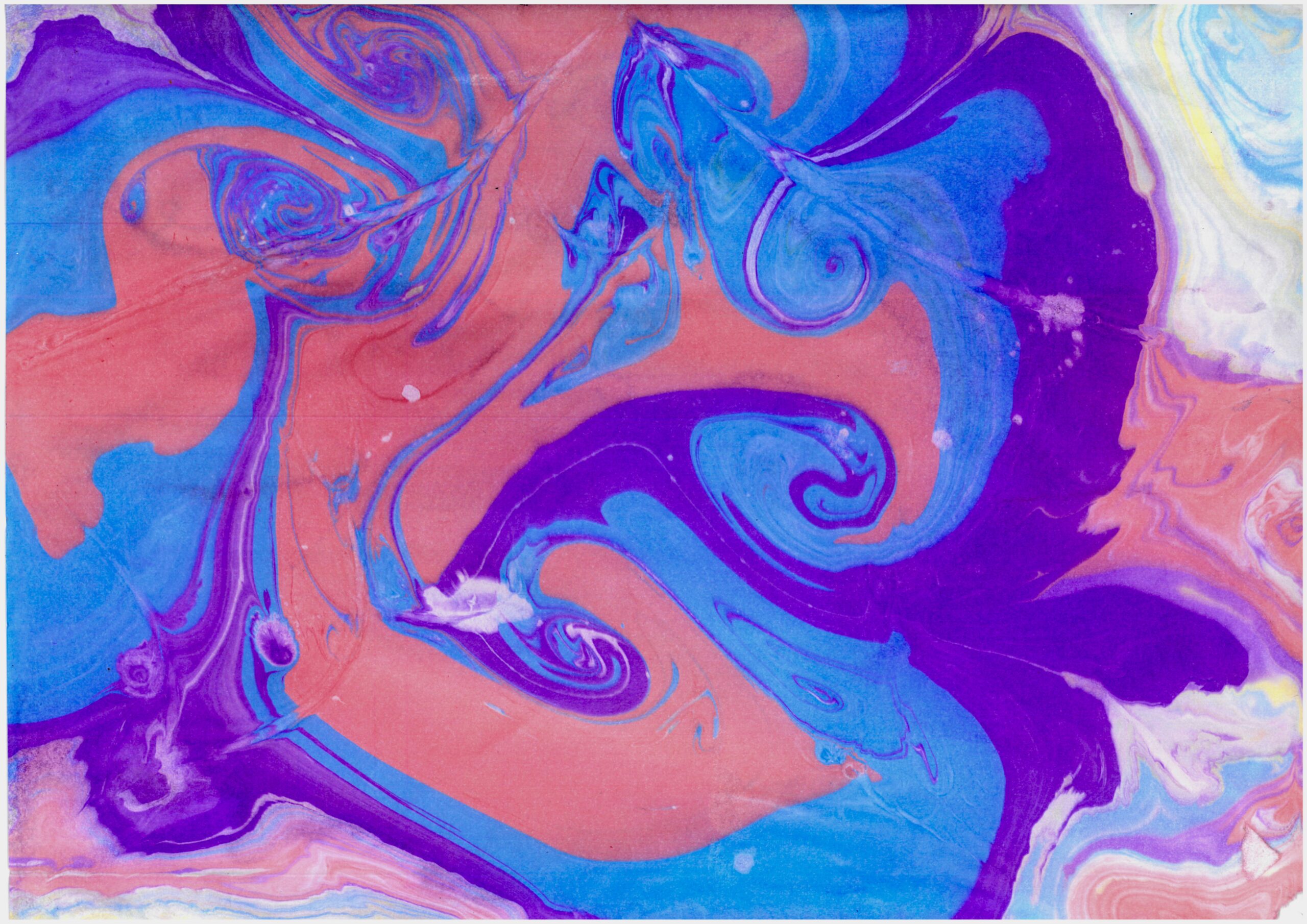 Swirling colours of pink, purple, and blue paint as if being mixed, similar to tie-dye designs.