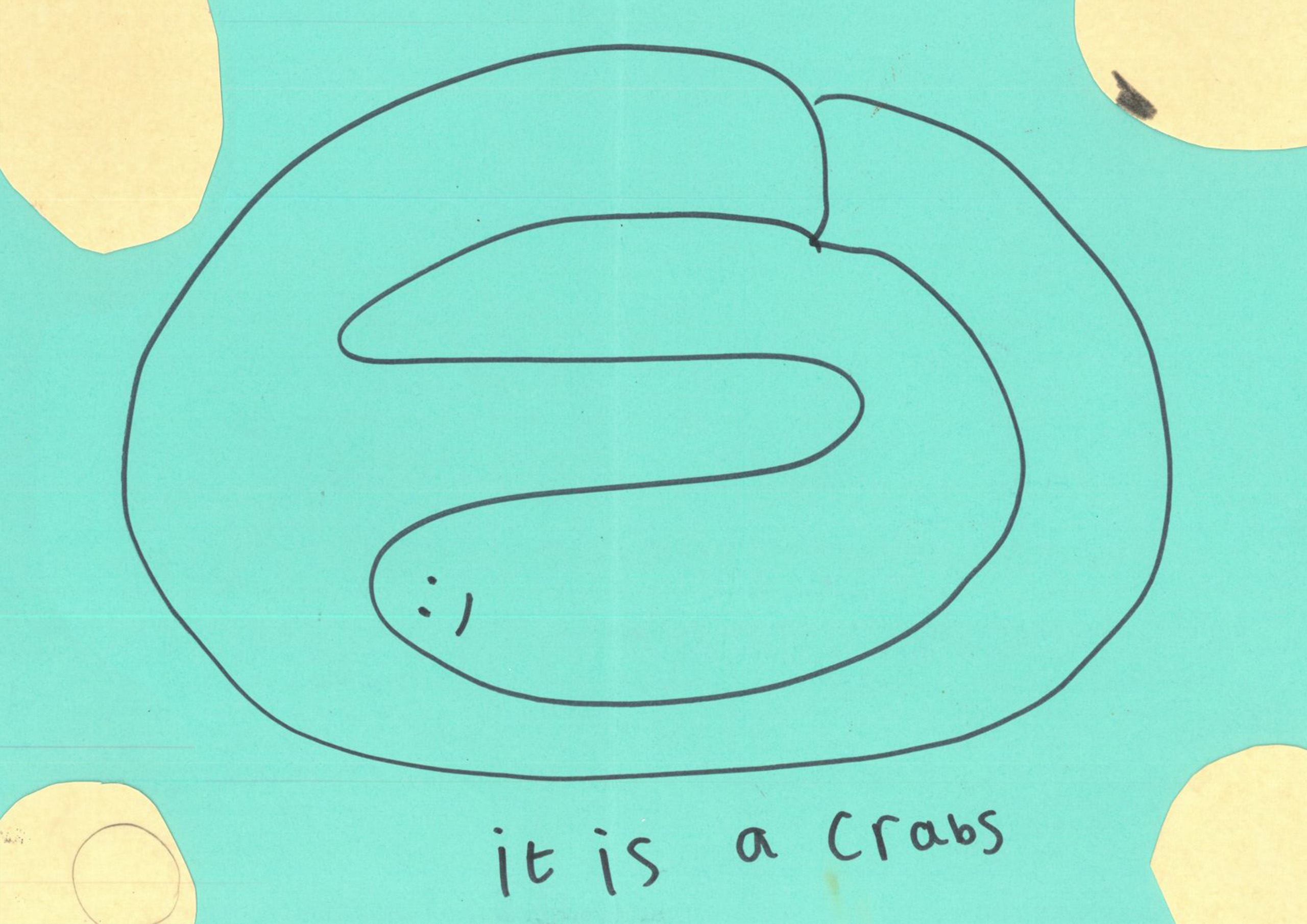 Line drawing of a simple swirl with a smiley face in the centre on a bright turquoise background. ‘It is a crabs’ is hand written underneath.