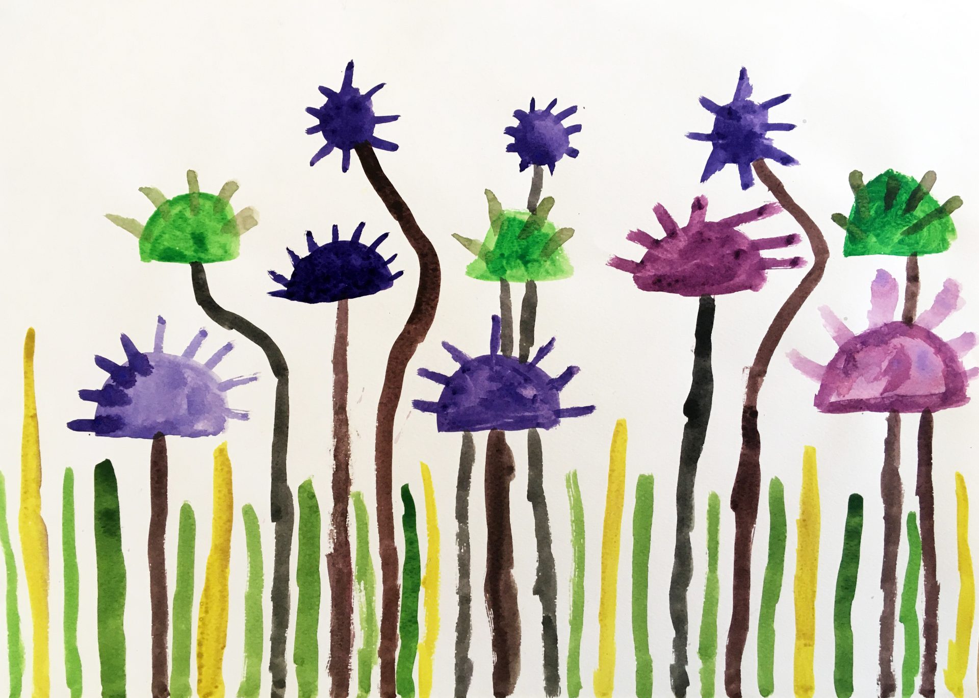 A series of yellow, green, and black painted vertical lines coming from the bottom of the page. The lines finish at different heights, some in the lower half of the painting, others stretch up, and curving. Some have semi-circle shapes in purple and green, with short lines coming off them at the end, as if flowers or thistles.