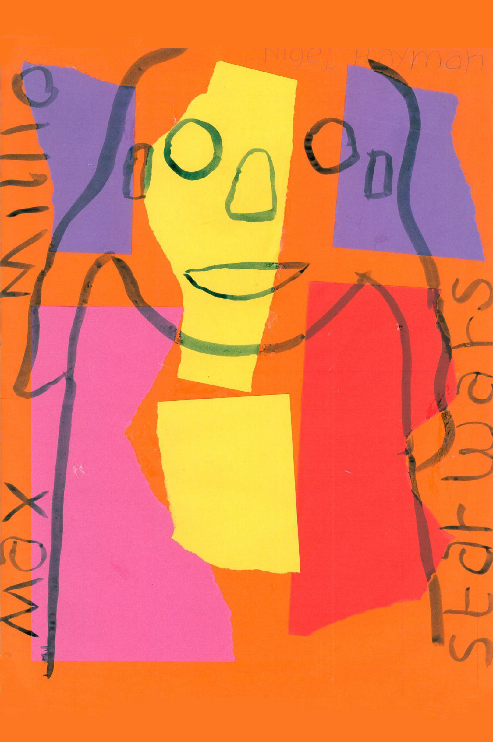 Block collage of 6 large pieces coloured paper in purple, yellow, red and pink on an orange background. A line figure is painted over the top, either side painted text reads: ‘max millo’ ‘star wars’.