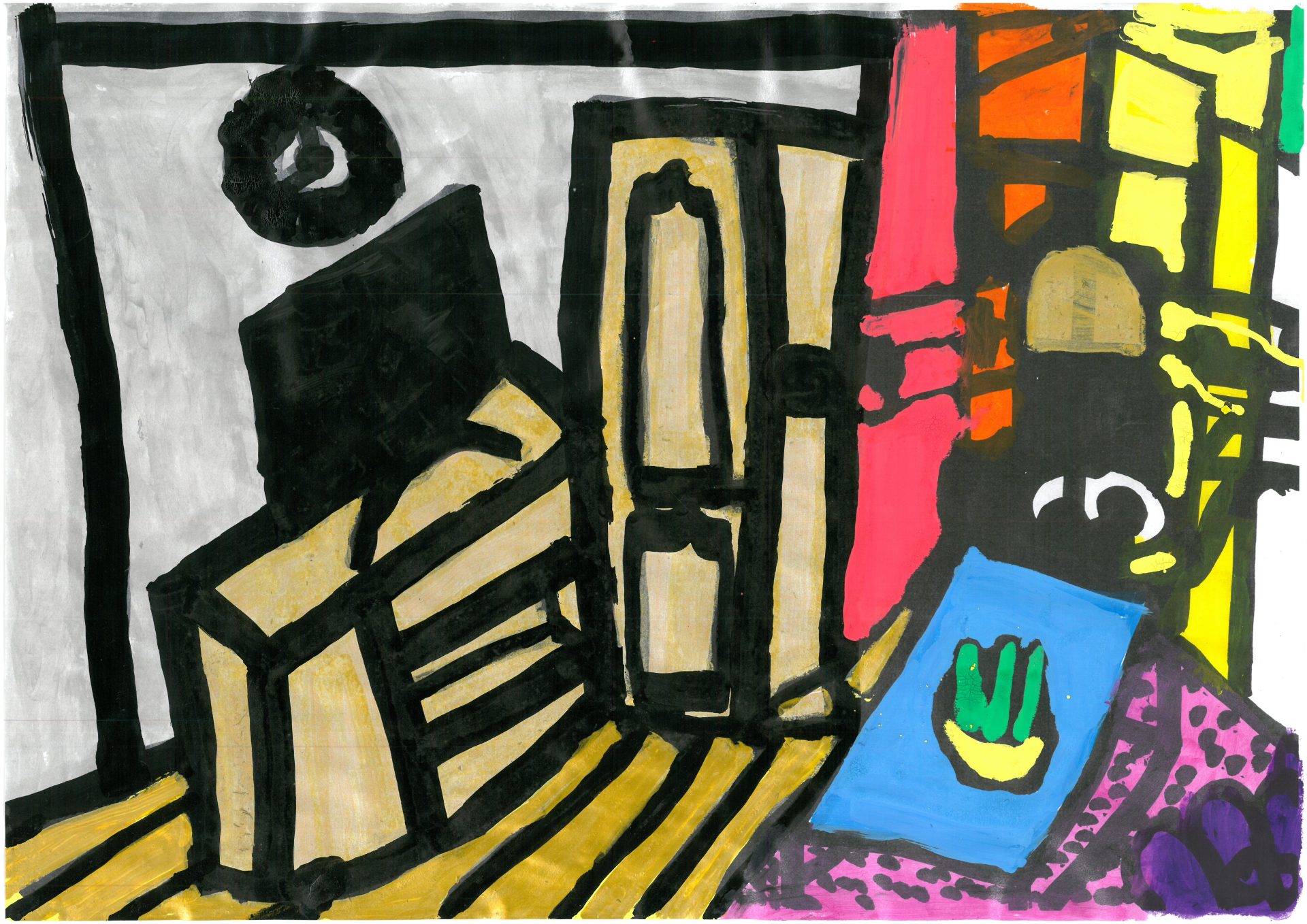Painting of a room with heavy black lines outlining the walls, doors, furniture and floorboards, including a tv on a cabinet, a blue table with a potted plant, and colourful blocks that could be another room or corridor.