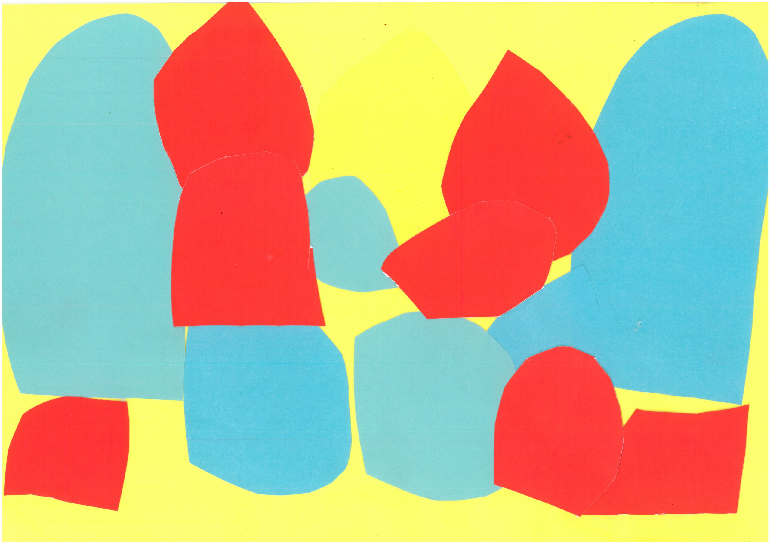 Big blocks of coloured paper in light blue and red, collaged onto a yellow background creating an abstract image that looks like boulders or stones.