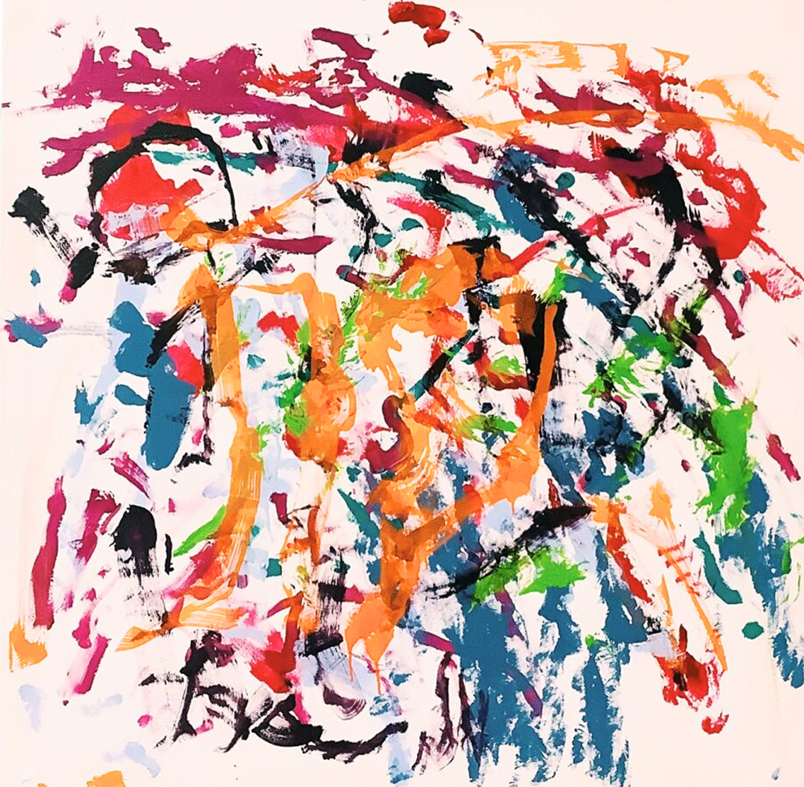 Expressive paint strokes in orange, reds, blue, green and black, that have a chaotic rhythm, and show how the paintbrush has moved across the page.