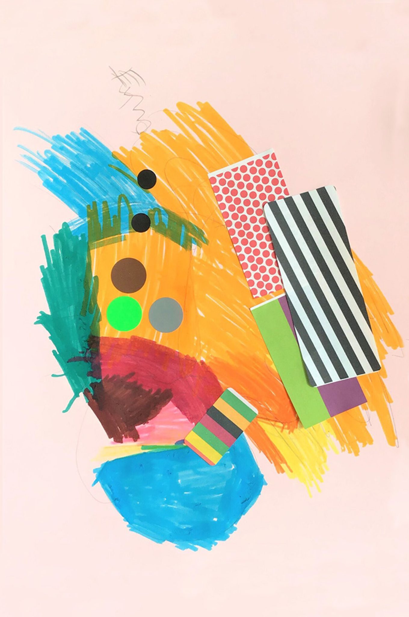 Mixed media collage with blocks of felt pen in a warm yellow and smaller blocks of blue, red and green forming a gently curve, rectangles of patterned paper and five circle stickers layered on top.