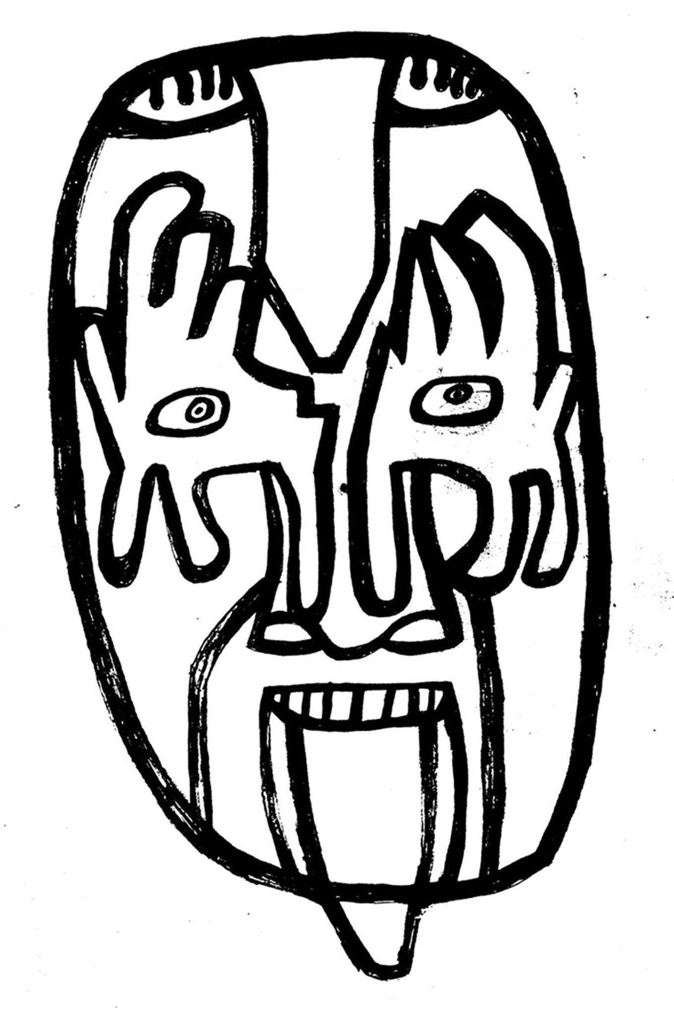 Black line drawing of a face, with patterned markings around the eyes and long tongue sticking out.