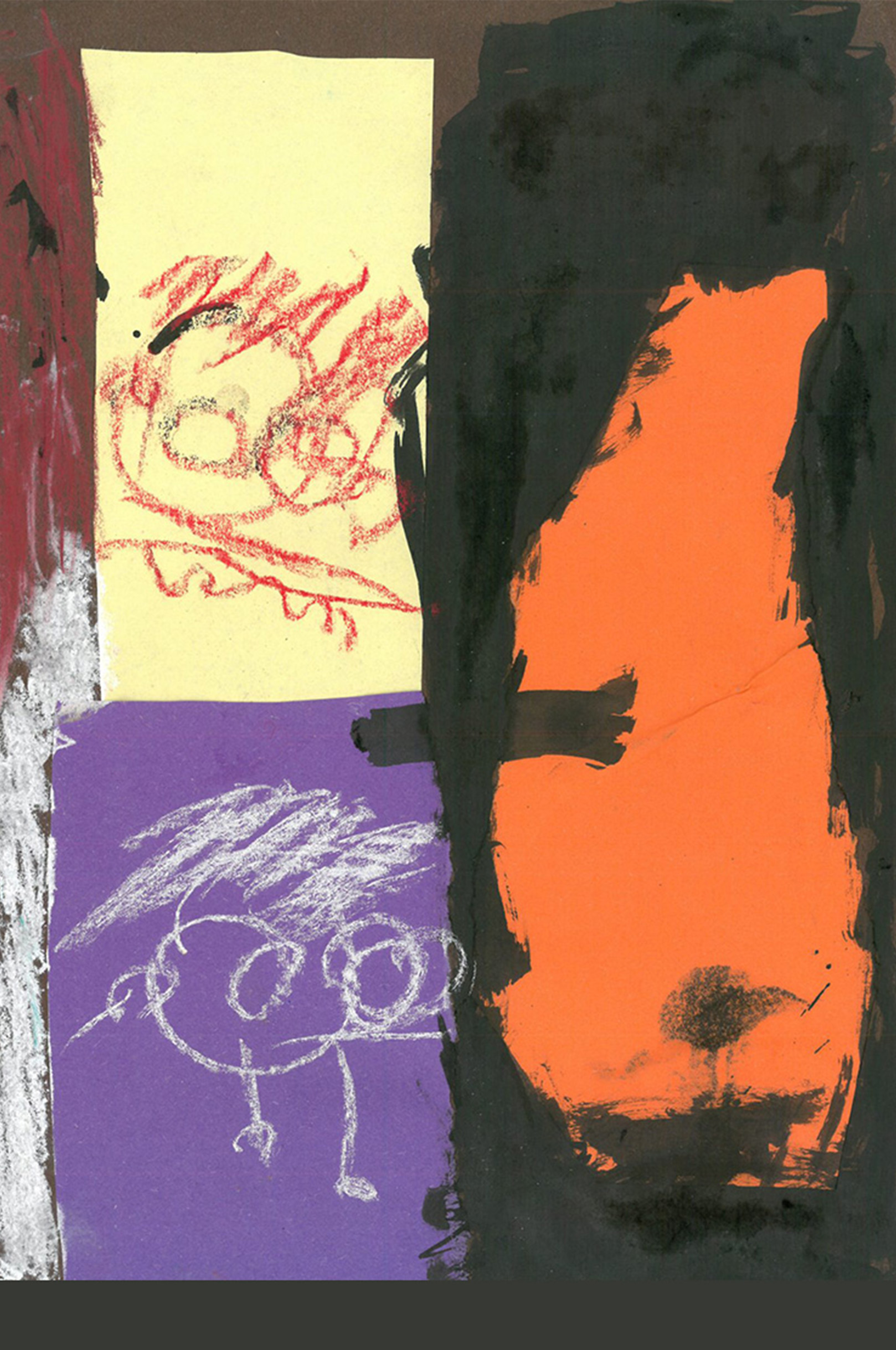Abstract mixed media with rough black cross in the centre, dividing a pale yellow, purple, and orange section, with black paint and wax crayon marks adding texture and circular shapes.