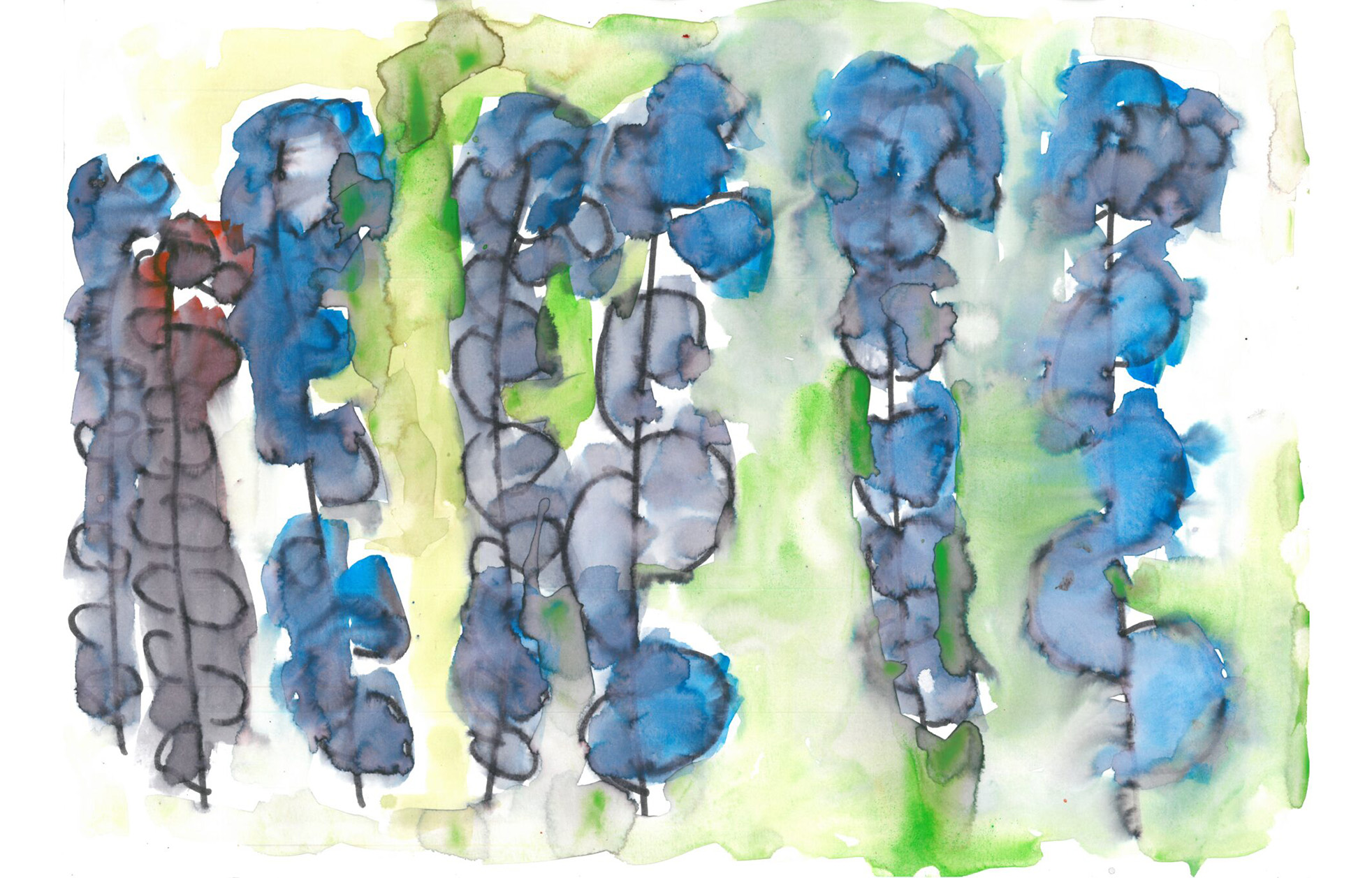 Watercolour of seven soft blue shapes that look like abstract, simple flowers, perhaps delphiniums, on a green background that blurs and runs together.