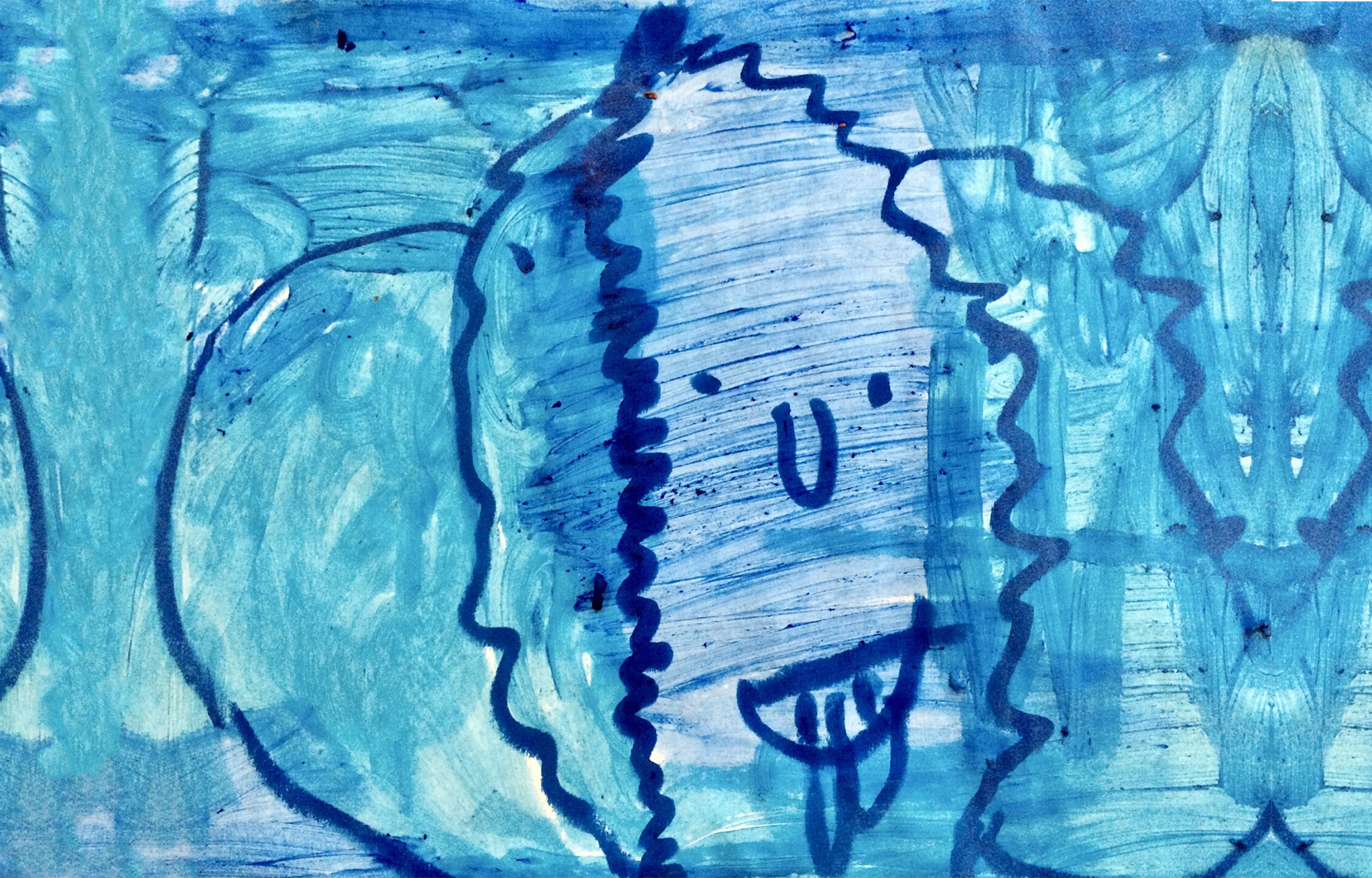 Blue painting with a thin wash that shows brush strokes forming the background with a dark blue pen drawing of a simple face with dot eyes, a u-shaped nose, and tongue sticking out.