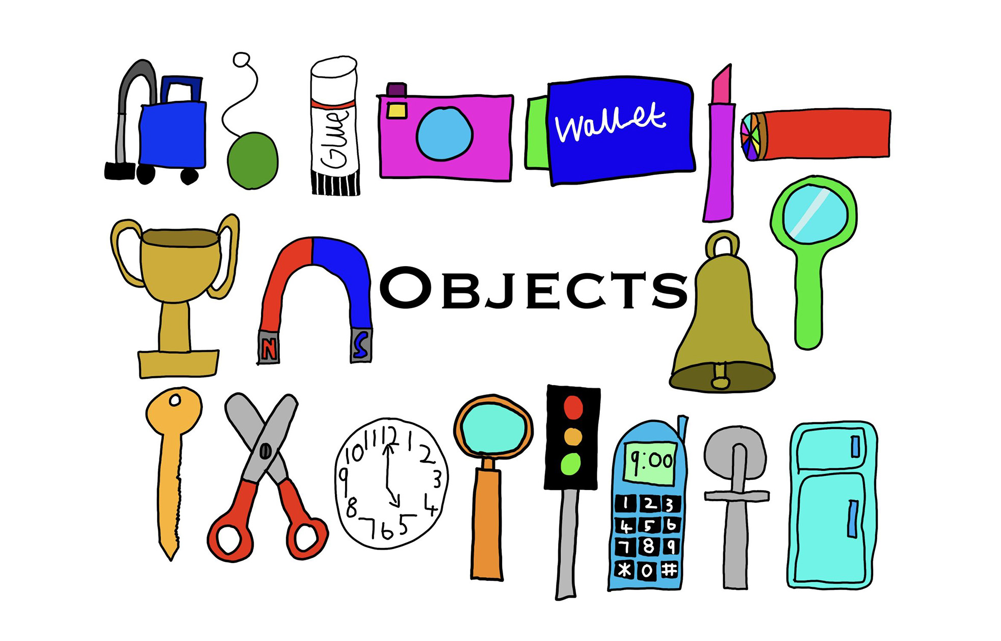 Digital drawing of objects including a yo-yo, gluestick, camera, trophy, lipstick, bell, magnet, clock, key, magnifying glass, traffic light and fridge. All filled with bright colours surrounding the title “OBJECTS”.