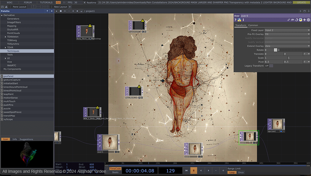 A slide show of two images of a digital editing workspace, both with menu sidebars and tools on the left and right, and a timeline below. One image shows a preview of a digitally hand-drawn figure with body differences, rendered in joyous shades of brown with accents of orange and red, surrounded by radiant lines and dots that suggest stars, planets, and asteroids, placing the figure at the centre of a celestial map. Thumbnail pop outs on the image show previews of different layers. Second image shows a blank central space with the thumbnail pop outs organised like a flowchart, connected by thin curved lines.