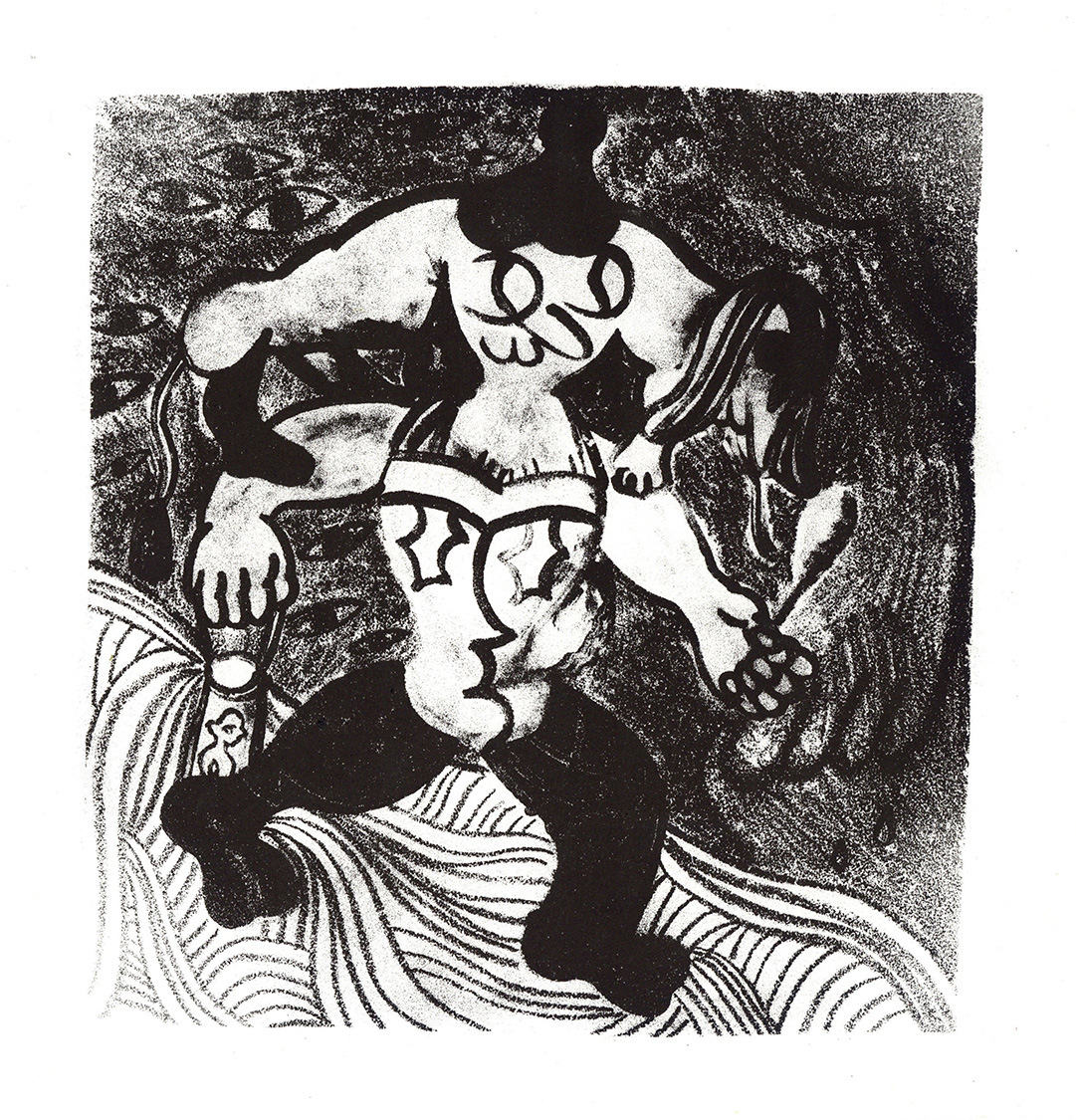 A black and white textured lithograph of a character with long ears or head, striding down a wavy path holding a lantern, behind them it is dark, with shapes and eyes in the shadows.