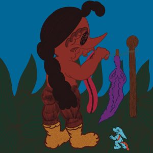 An illustrated character with an upturned, pointy nose, long plaited hair, and textured yellow feet, placing a long pink, tongue-like strip onto a washing line next to a purple bulging item. A small sky blue creature looks up at them from the right handside, they are both standing on a textured green ground.