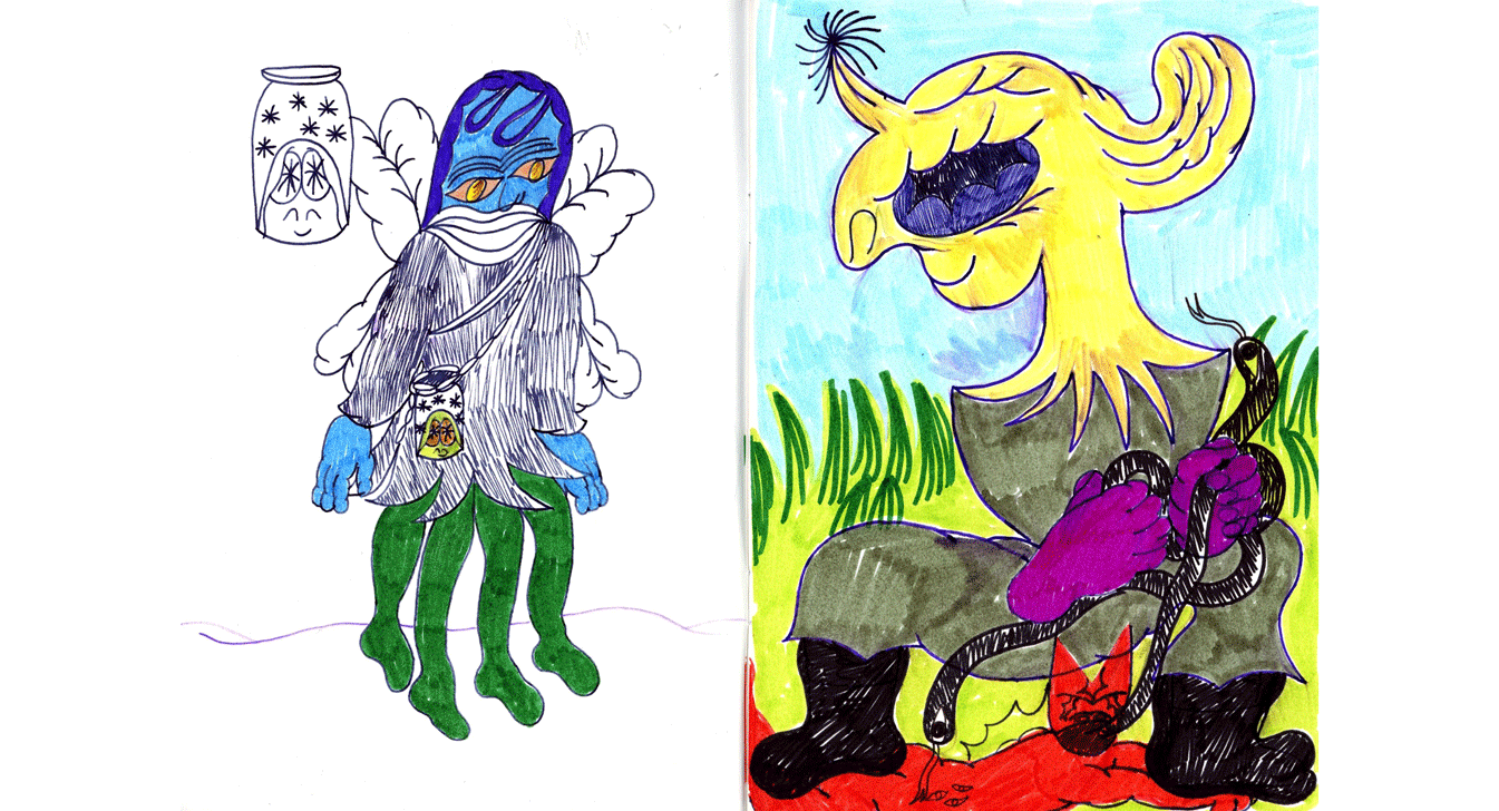Looping slideshow of sketches that show pen drawn outlines of characters and features including eyes and eyelashes, a character with four green tentacle legs, a jar containing a smiling face, and a long nosed character with a floating heart above the palm of their hand.