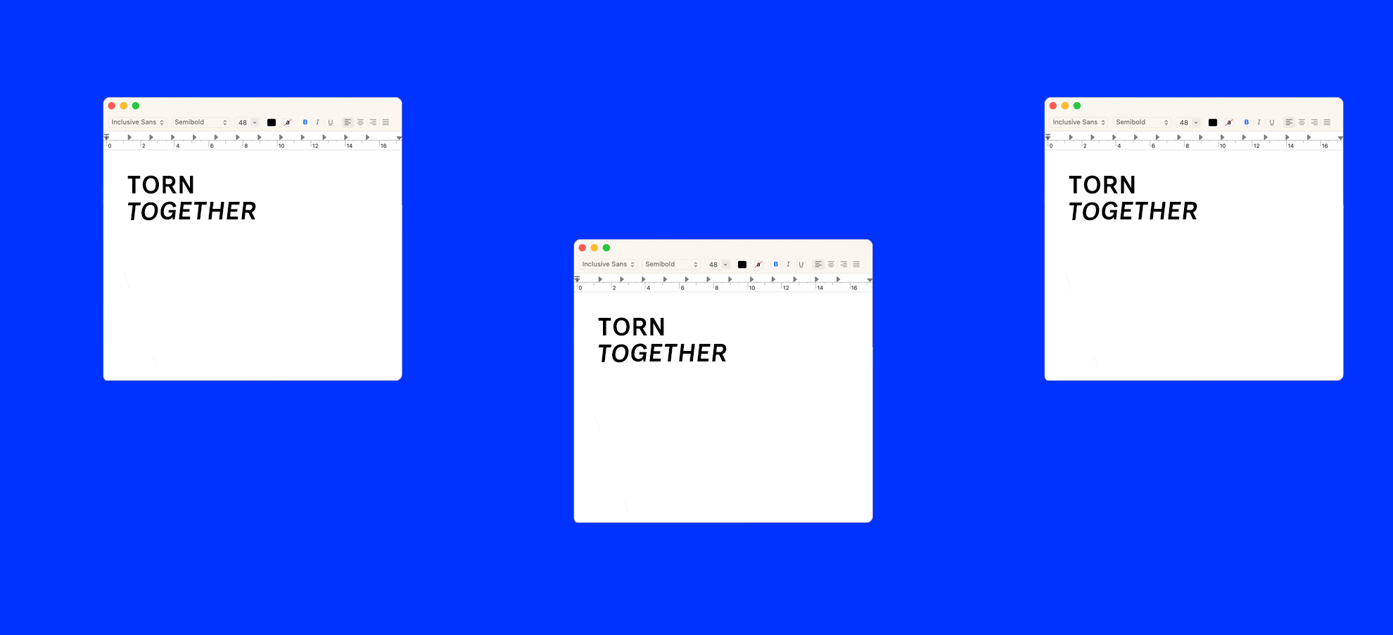 A looping animation of 3 digital document windows that contain the text ‘TORN TOGETHER’ and simultaneously pull apart diagonally at a sharp zig-zag, and come back together, on a bright blue background. 