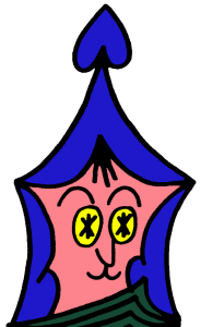 An abstract, digital illustration of a pointy headed character with blue hair that pulls up in an arrow-like peak, surrounding a pink face with semi-circle eyebrows, and yellow eyes with asterisk-like stars for pupils.