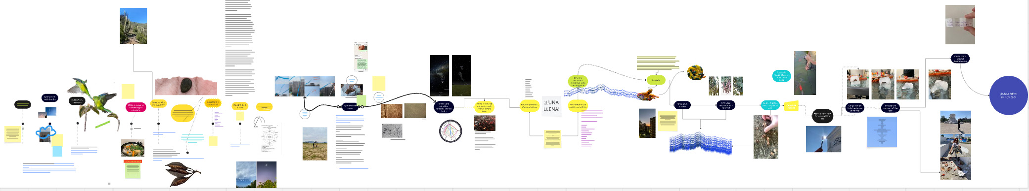 A long digital mind map/ flowchart with a mixture of coloured text boxes, notes, dots, circled information, and images with curved, dashed, and straight lines connecting all elements. Detail is hard to see as zoomed out, some of the images show the sky, perhaps ice, water, or small objects in hands.