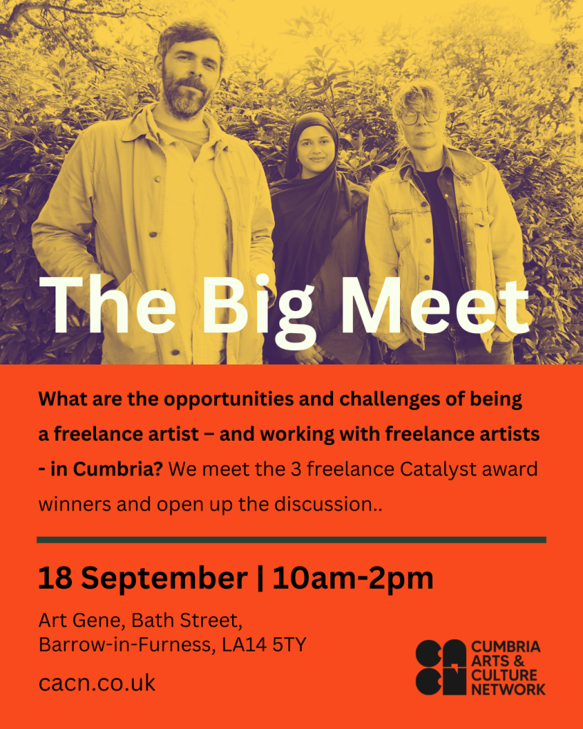 Catalyst award winners Emma McGordan, Azraa Motala and Sam McNeill stand together in front of a backdrop of hedging, the photo is yellow and black with the words "The Big Meet" in white overlapping.